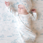 Farmhouse Toile Baby Gown - Personalized Tie Bottom Newborn Outfit Blue or Green Farm Boy Gift