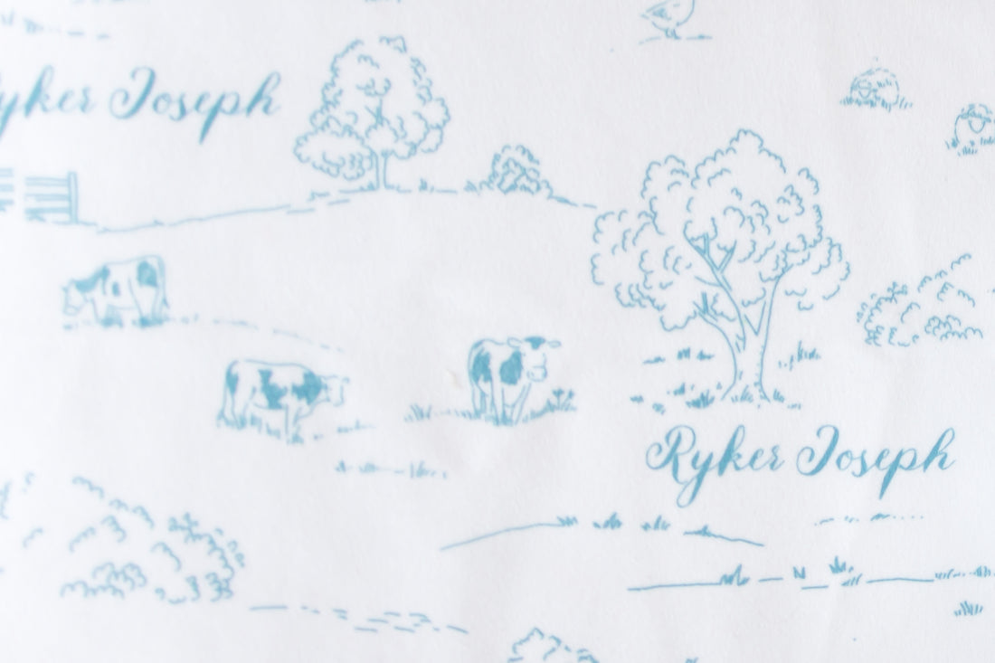 Farmhouse Toile Personalized Baby Boy Keepsake Blanket -Blue or Green Farm Nursery Gift