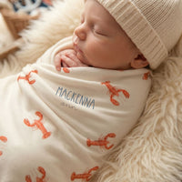 A sleeping newborn baby wrapped in a blanket with a lobster pattern, wearing a white knit cap.