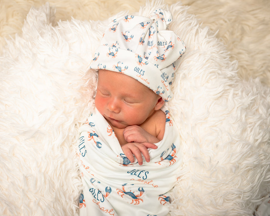 Crabby Cutie Swaddle Blanket with Name – 1 or 2 Layer