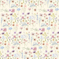The image is a repeating pattern of various colorful flowers and plants, including daisies, roses, and other blooms, arranged in a visually appealing manner.