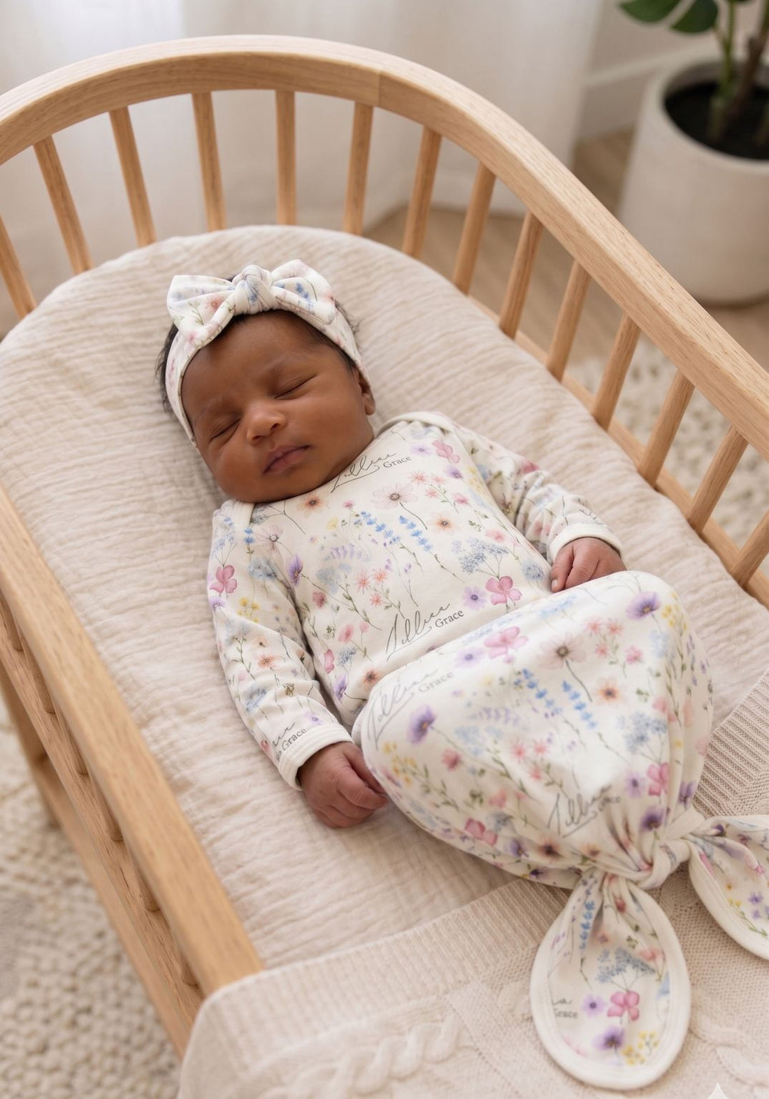 A newborn baby girl is peacefully sleeping in a wooden crib, wearing a white onesie with a floral pattern and a matching headband.