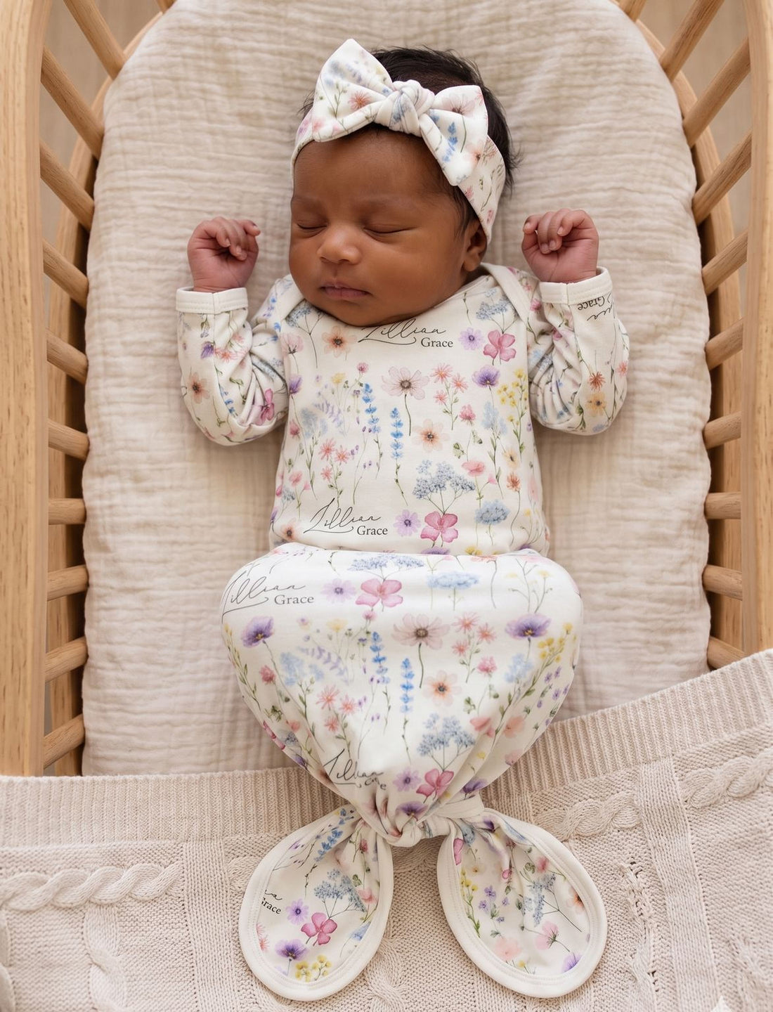 A newborn baby girl is peacefully sleeping in a wooden crib, wearing a white onesie with a floral print and a matching headband.