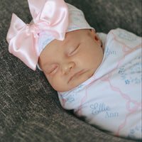 baby girl swaddled in a pink heirloom bow print personalized baby swaddle on white fabric and baby's name in light blue script font.
