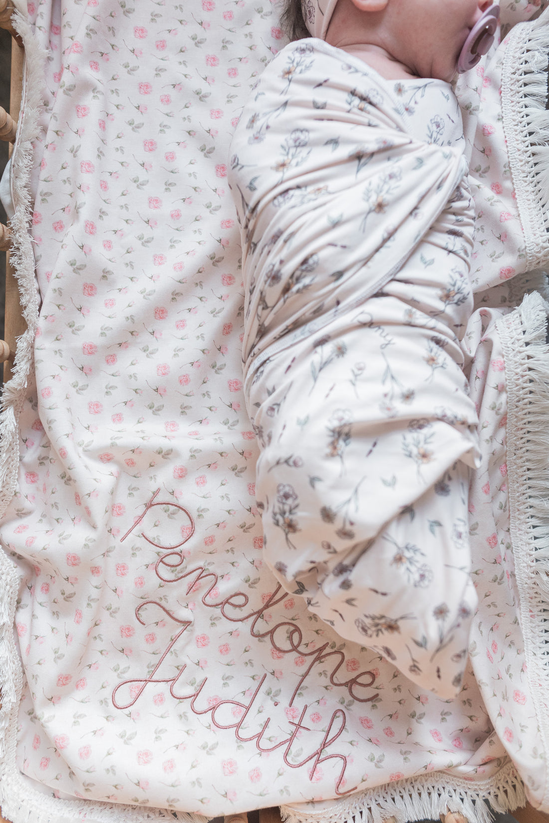 Personalized Baby Blanket - Floral Baby Receiving Blanket with Satin Trim | Boho Nursery Decor