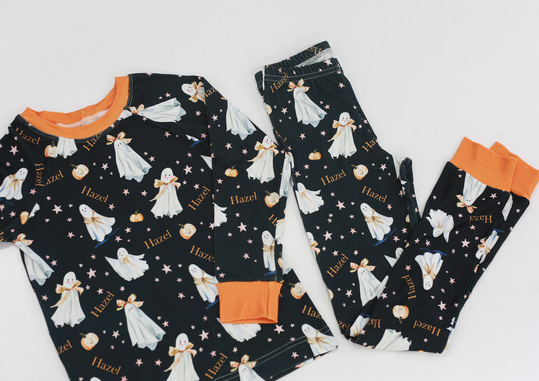 Halloween Pajamas Girls - Personalized Pumpkin Print PJs With Pink Bows (Copy)