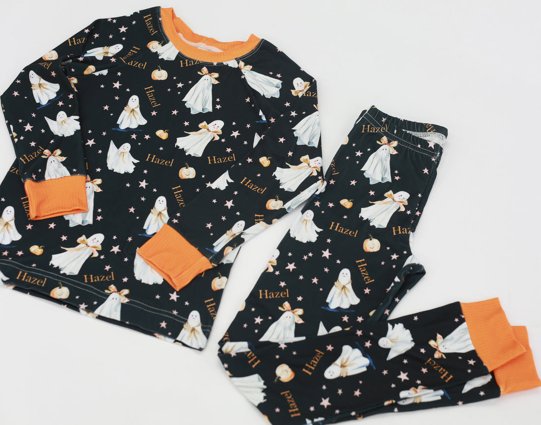 Halloween Pajamas Girls - Personalized Pumpkin Print PJs With Pink Bows (Copy)