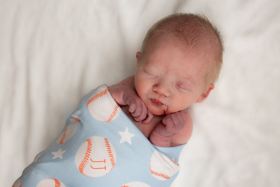 Little Slugger Stretchy Swaddle - Personalized Baby Boy Baseball Blanket