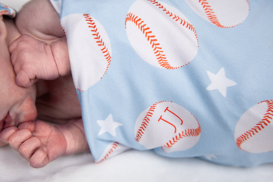 Little Slugger Stretchy Swaddle - Personalized Baby Boy Baseball Blanket