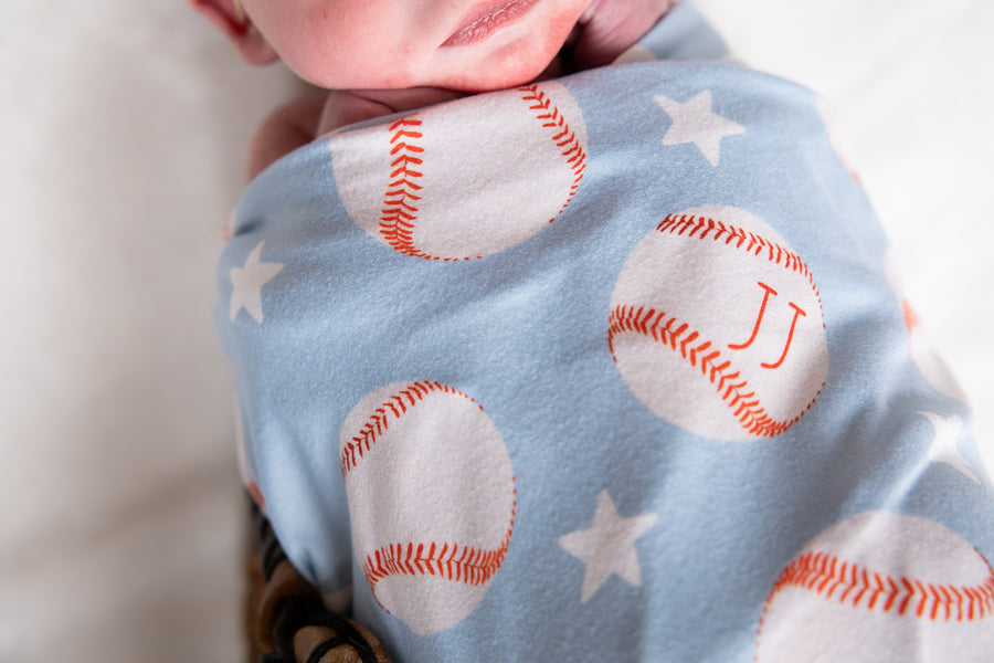 Little Slugger Stretchy Swaddle - Personalized Baby Boy Baseball Blanket