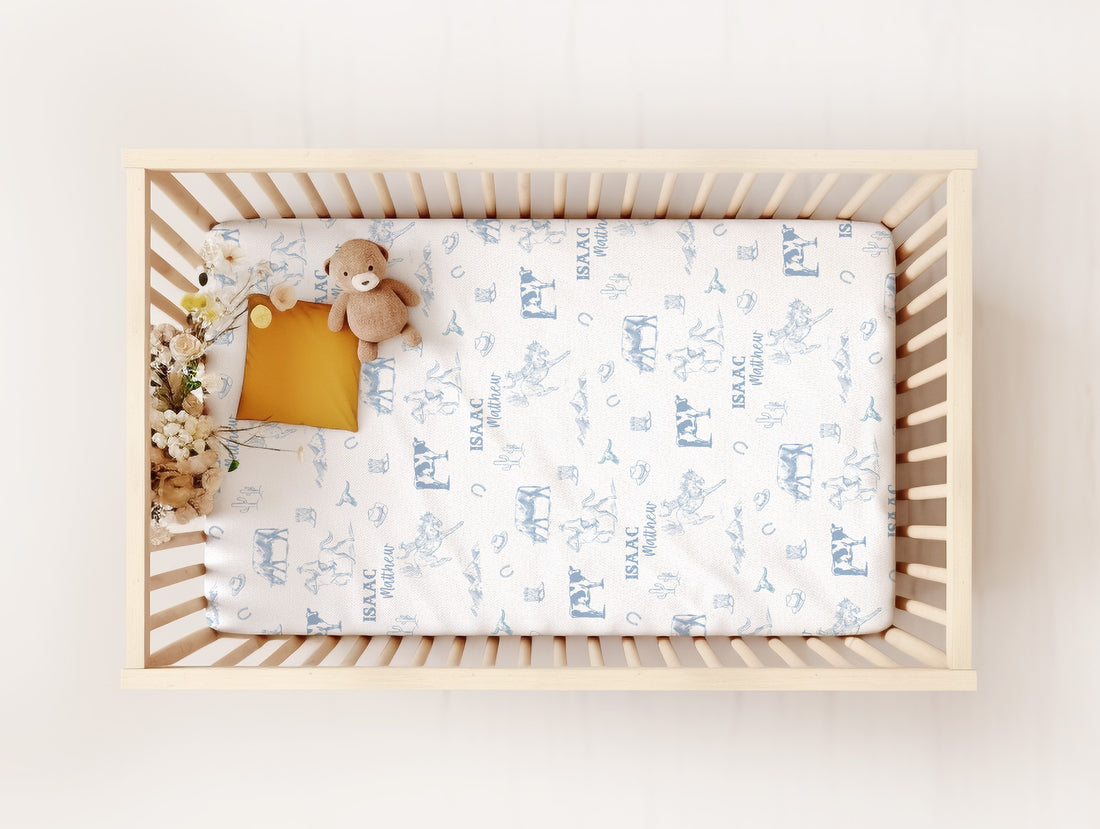 Western Toile Personalized Crib Sheet - Blue Cowboy Nursery