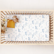 Western Toile Personalized Crib Sheet - Blue Cowboy Nursery