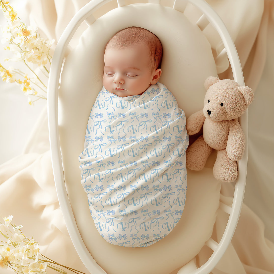 Baby Swaddle Blankets - Newborn Swaddle Set | Stretchy Baby Wrap Trio with Heirloom Bows