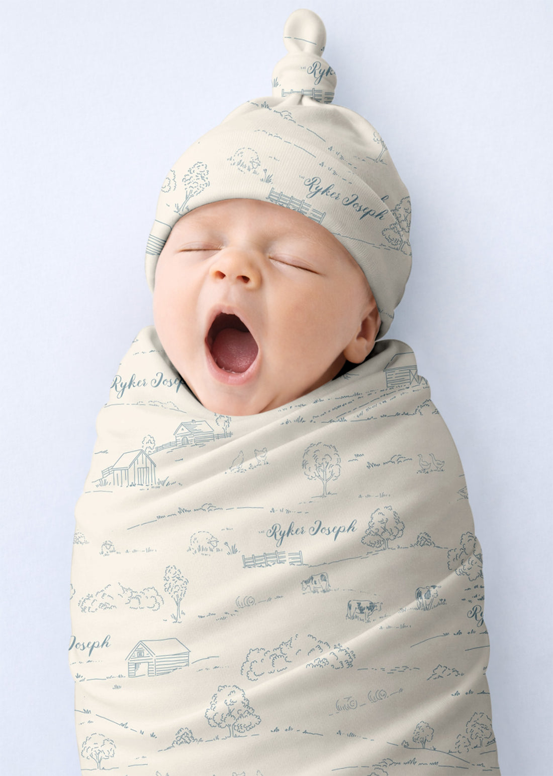 Farmhouse Toile Stretchy Baby Swaddle - Personalized Newborn Blanket Blue or Green