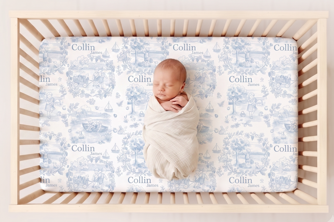 Childhood Memories Toile Crib Sheet In Pink Or Blue Print
