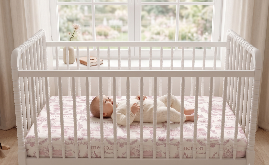 Childhood Memories Toile Crib Sheet In Pink Or Blue Print