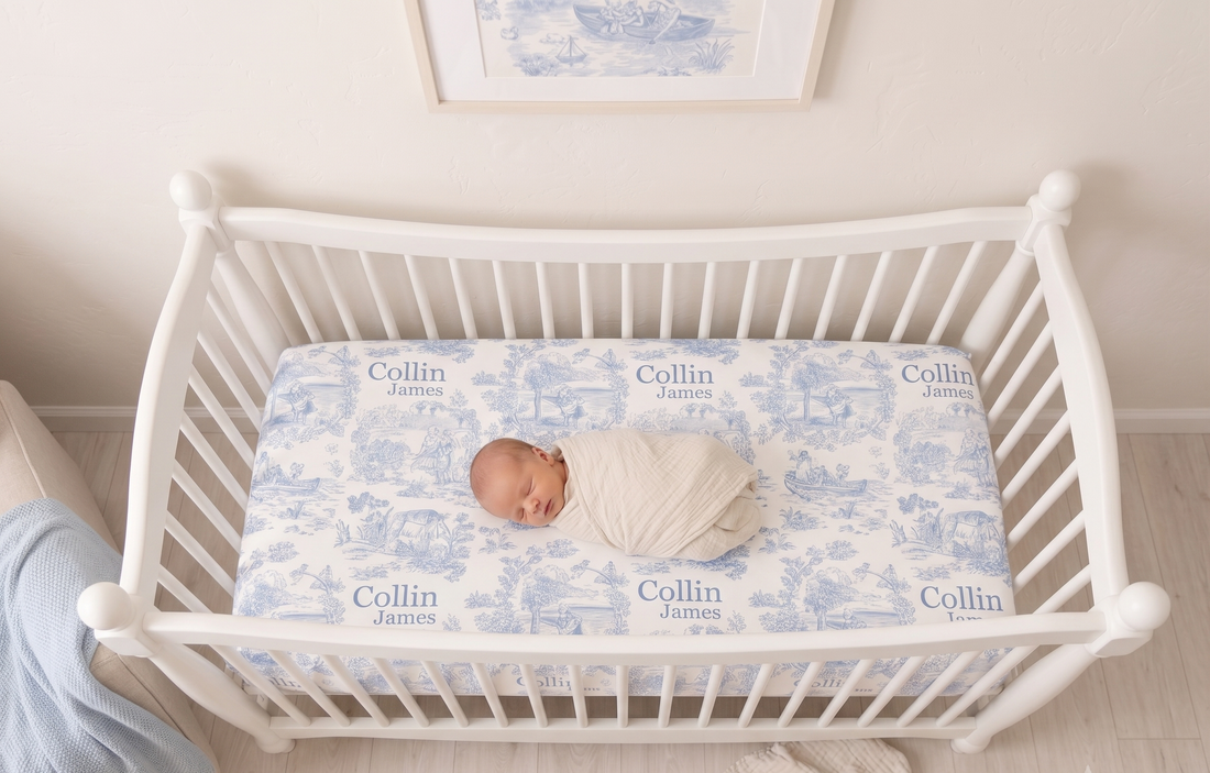 Childhood Memories Toile Crib Sheet In Pink Or Blue Print