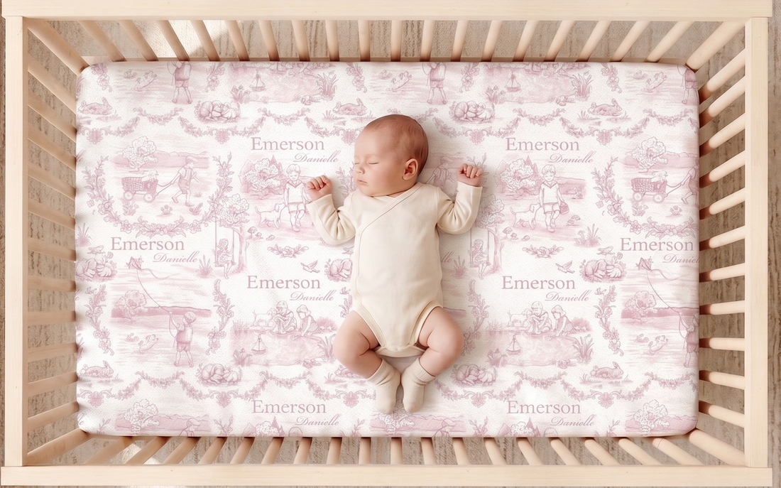 Childhood Memories Toile Crib Sheet In Pink Or Blue Print