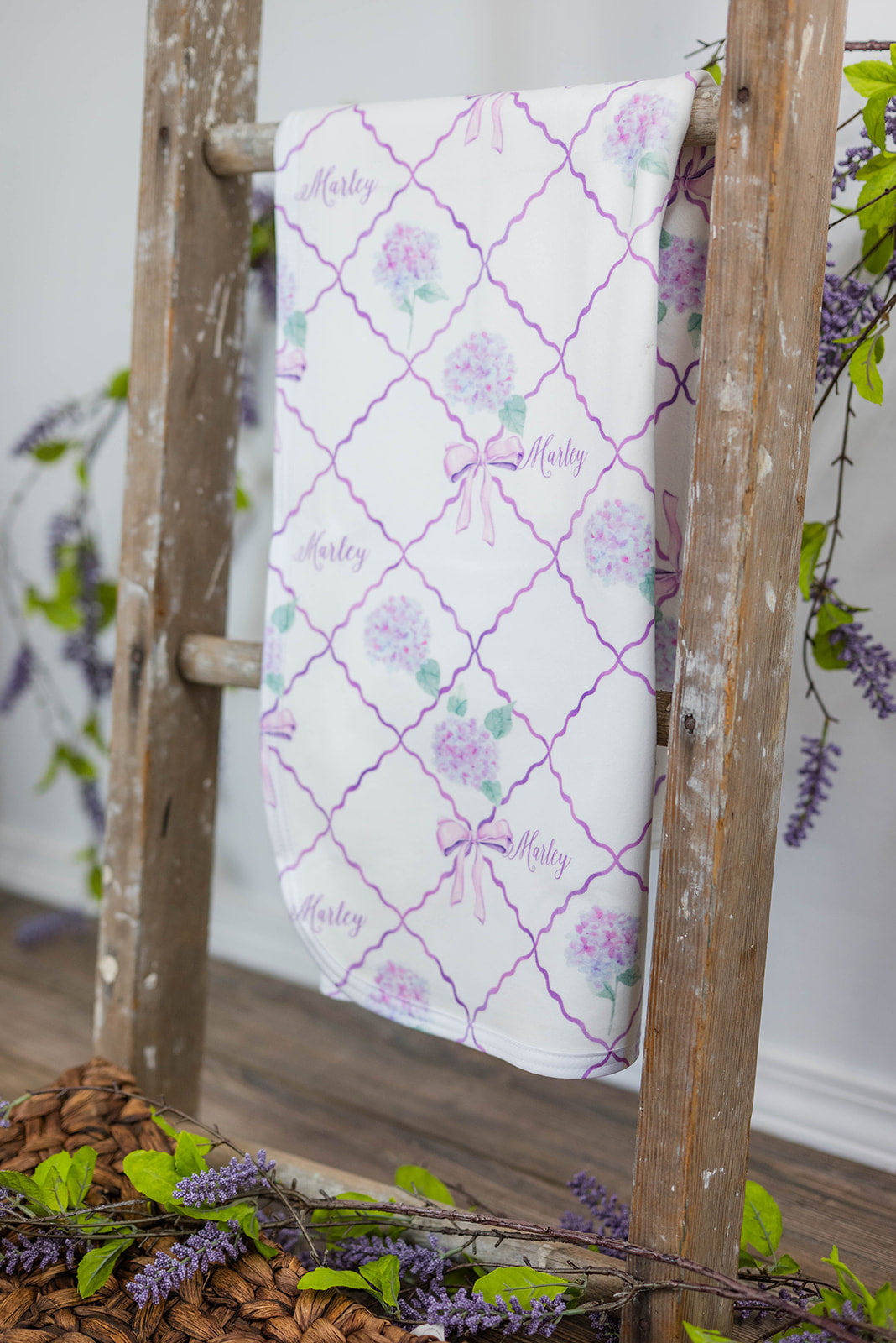 Purple Trellis and Hydrangea Keepsake Baby Blanket