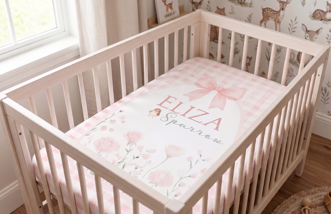 Woodland Fairies Personalized Crib Sheet, Pink Ribbon Floral Baby Girl Nursery Bedding