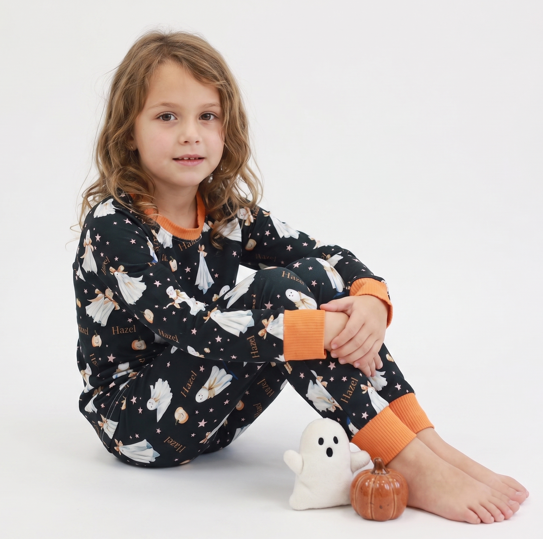 Halloween Pajamas Girls - Personalized Pumpkin Print PJs With Pink Bows (Copy)
