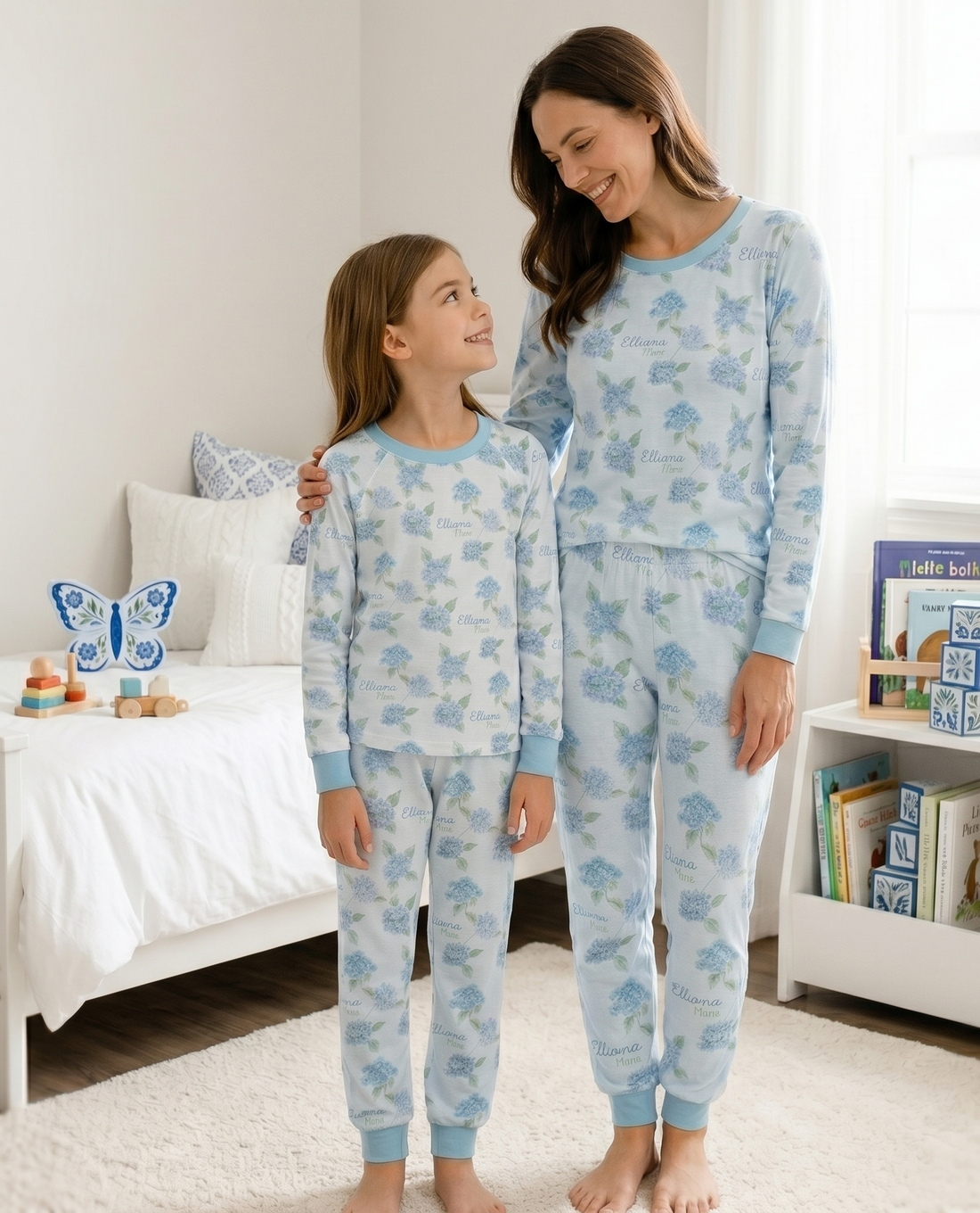 Women's Floral Pajamas –Mother And Daughter Matching Pajamas - Hydrangeas Personalized Women’s Pajamas, Light Blue Floral PJ Set