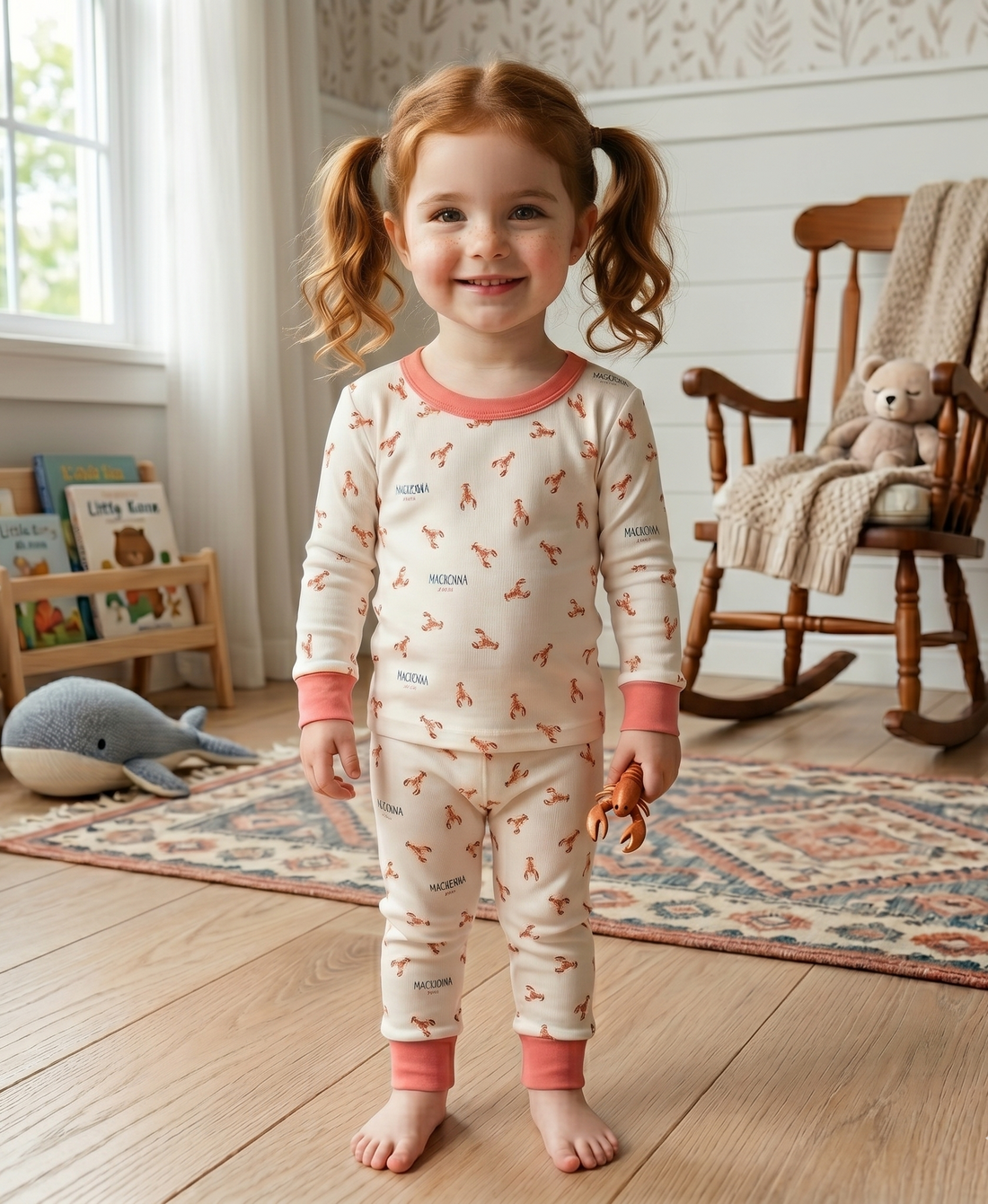 Personalized Girl Pajamas – Cozy Lobster Print Kids Sleepwear with Pink Cuffs
