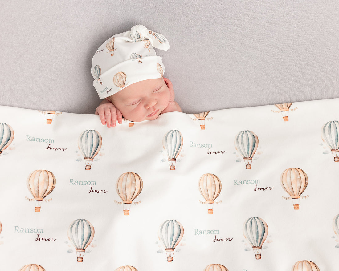 Vintage Hot Air Balloon Keepsake Baby Receiving Blanket with Satin Trim – Personalized Heirloom Gift