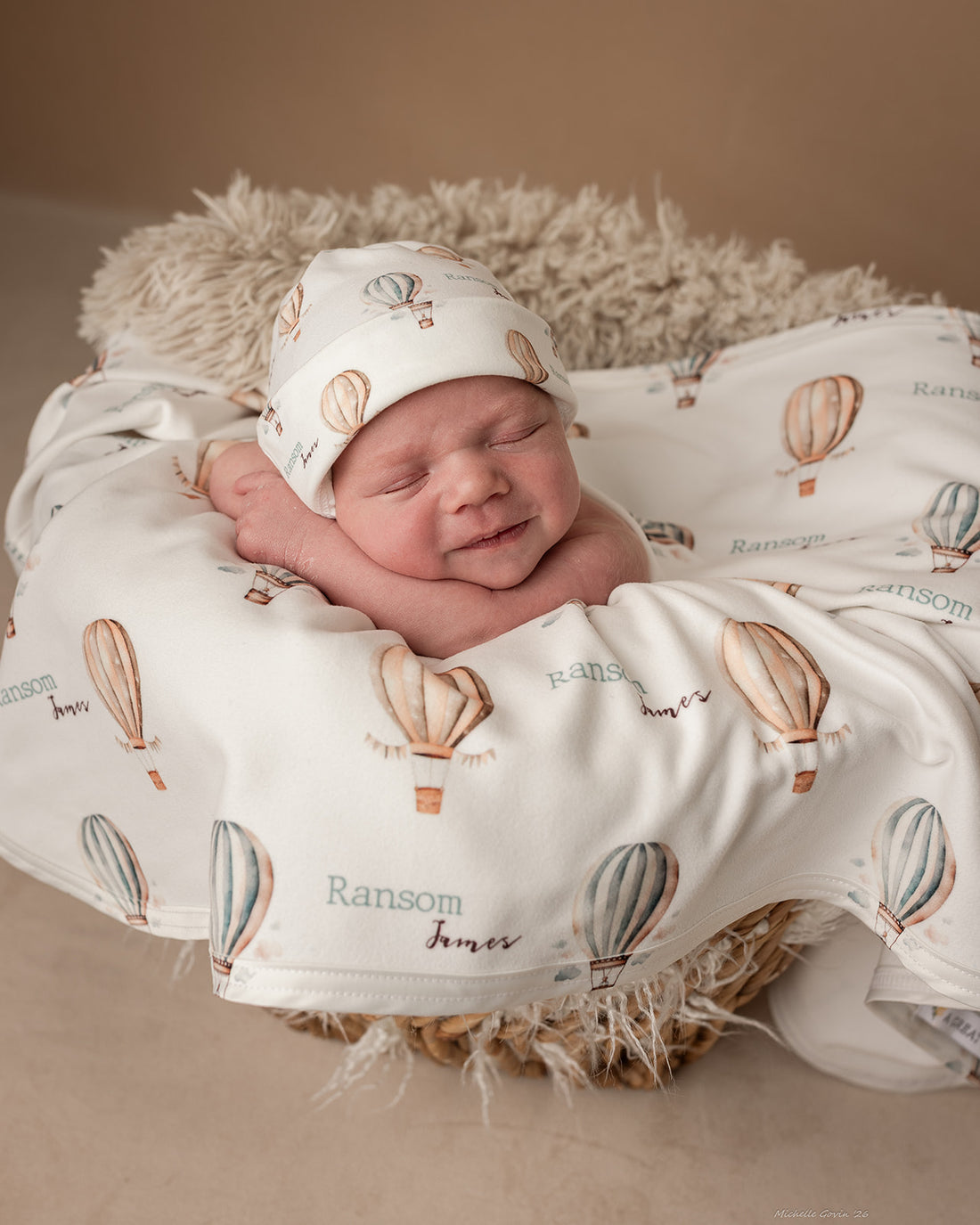 Vintage Hot Air Balloon Keepsake Baby Receiving Blanket with Satin Trim – Personalized Heirloom Gift
