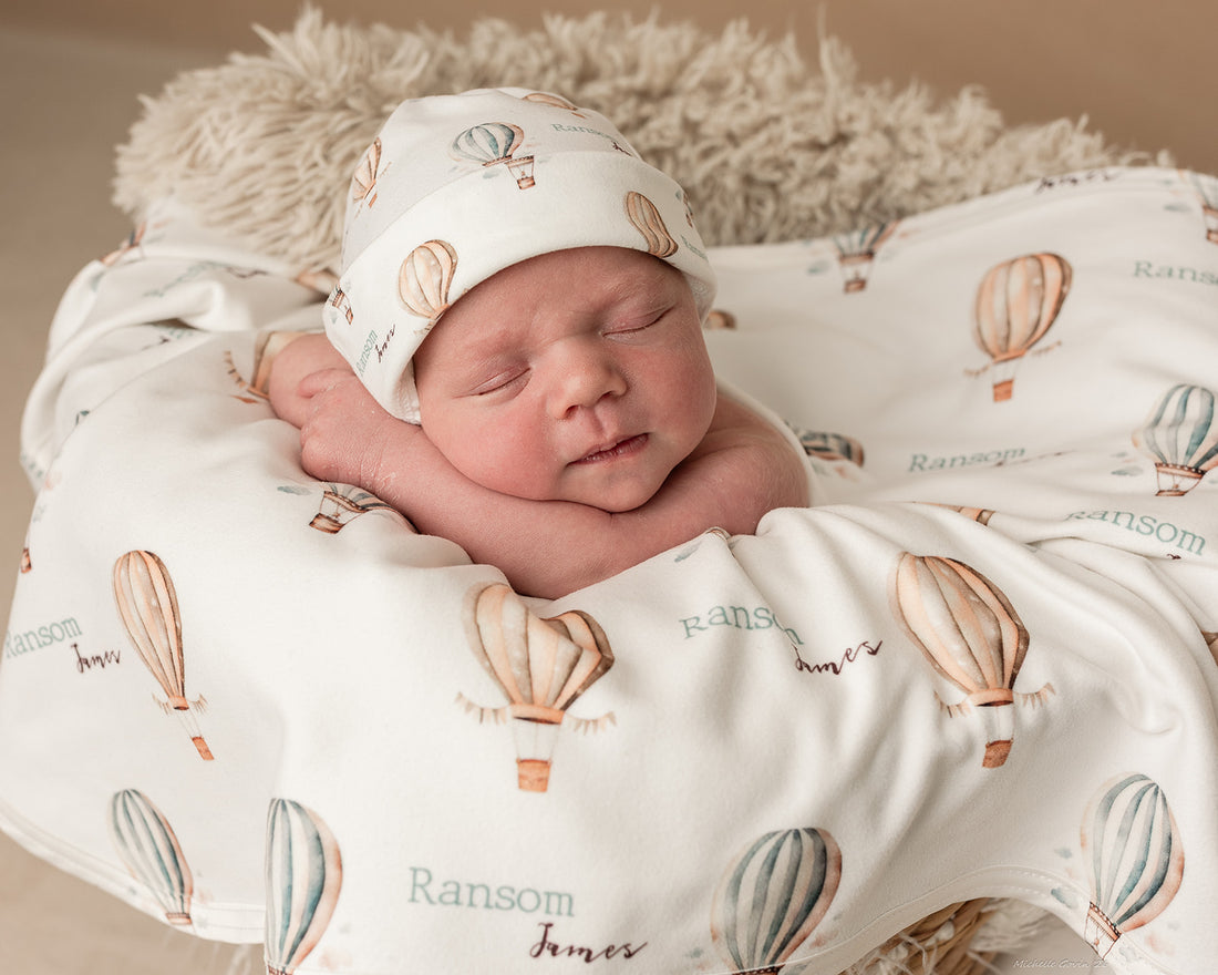 Vintage Hot Air Balloon Keepsake Baby Receiving Blanket with Satin Trim – Personalized Heirloom Gift