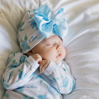 Baby Knotted Gown - Blue Floral Infant Baby Gown With Tie Bottom For Newborn Girls