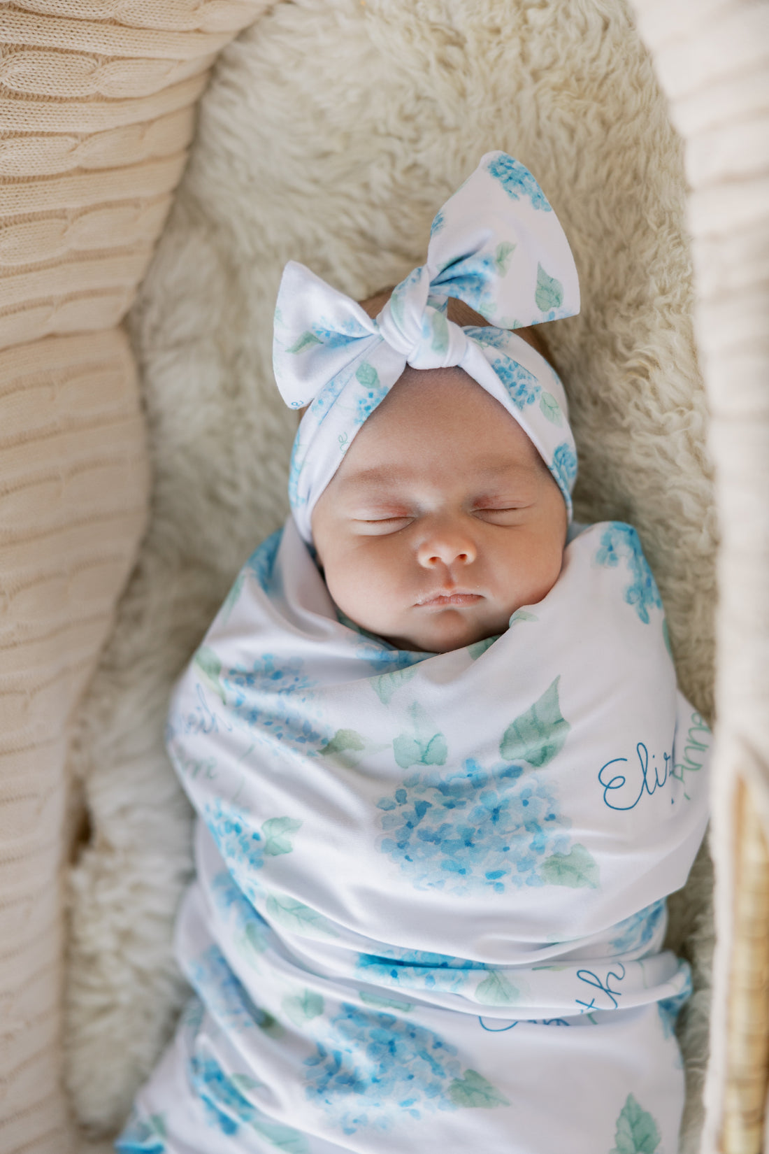 Personalized Baby Blanket – Blue Floral Stretchy Swaddle With Satin Trim and Hydrangeas