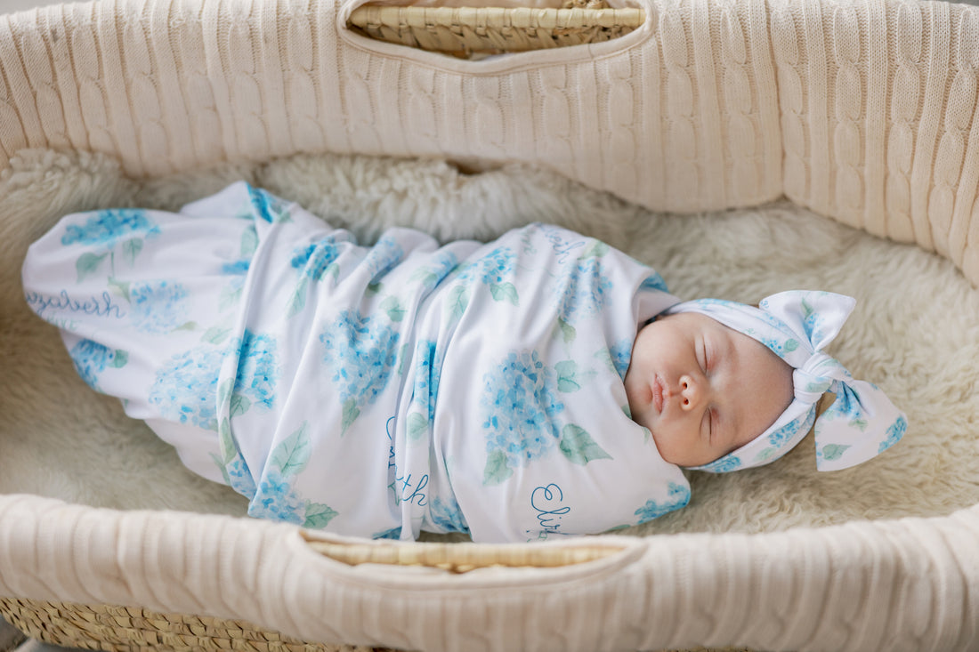 Personalized Baby Blanket – Blue Floral Stretchy Swaddle With Satin Trim and Hydrangeas