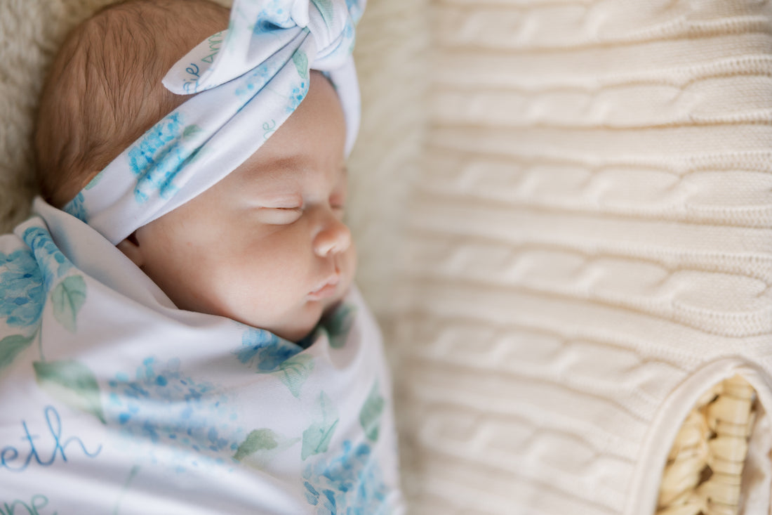 Blue Floral Baby Swaddle - Personalized Soft Jersey Stretch Fabric Blanket for Girls