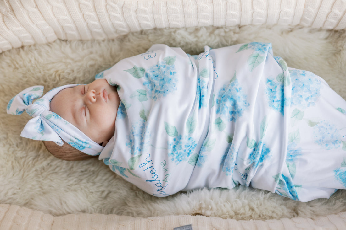 Personalized Baby Blanket – Blue Floral Stretchy Swaddle With Satin Trim and Hydrangeas