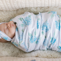 Personalized Baby Blanket – Blue Floral Stretchy Swaddle With Satin Trim and Hydrangeas