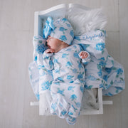 Hydrangeas Personalized Knotted Baby Gown, Light Blue Floral Newborn Outfit for Girls, Long Sleeve Tie Bottom