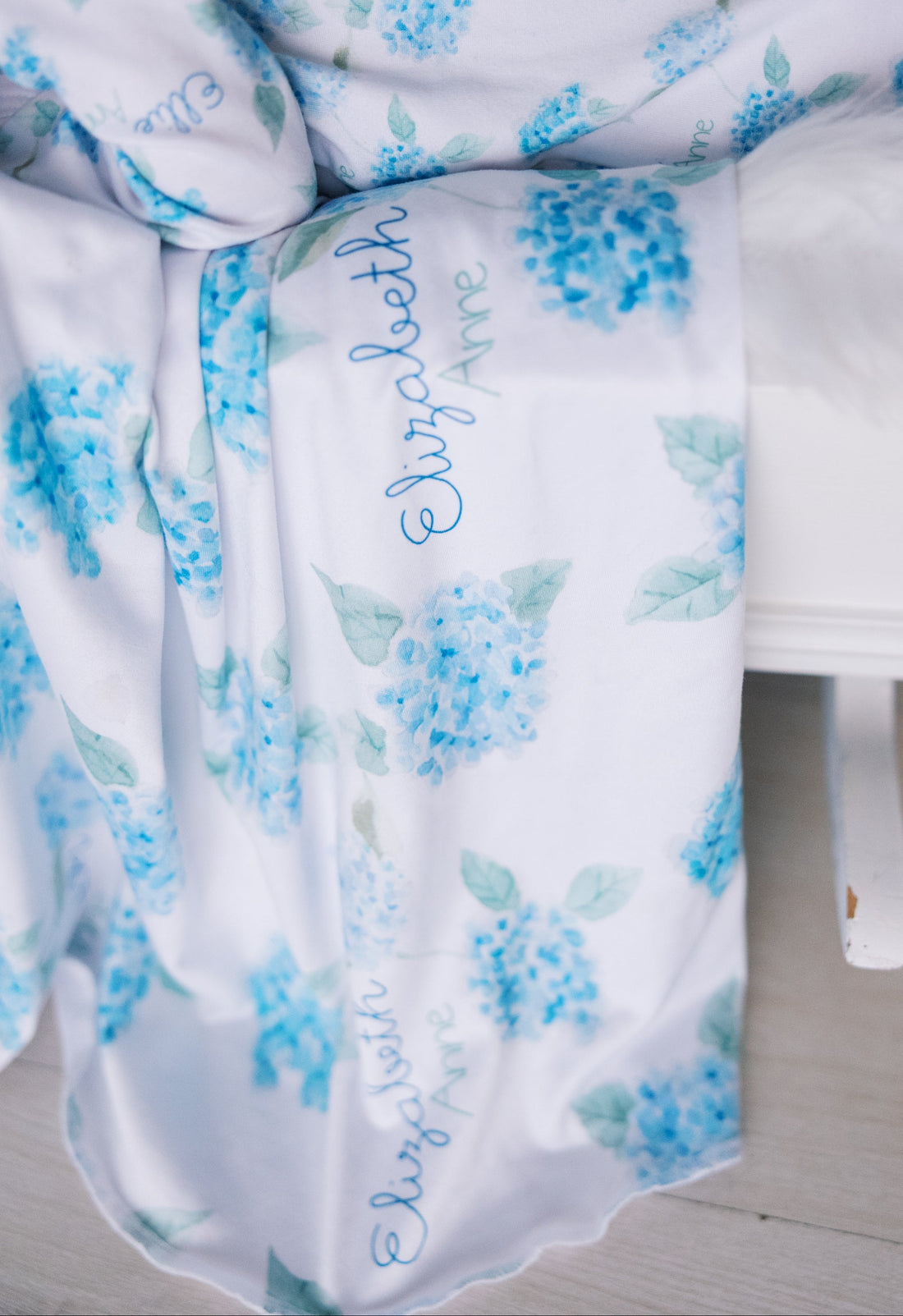 Personalized Baby Blanket – Blue Floral Stretchy Swaddle With Satin Trim and Hydrangeas