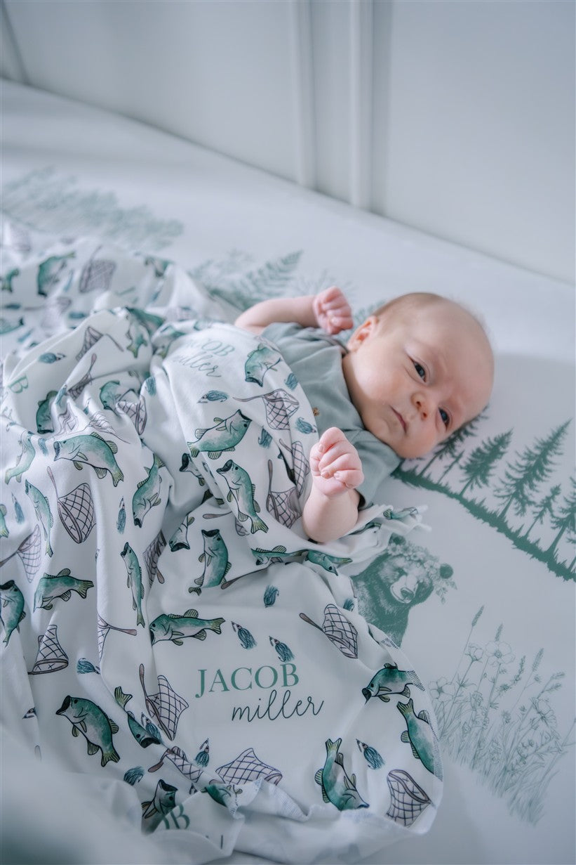 Personalized Baby Swaddle – Bass Fisherman Blanket | Soft Stretchy Knit Wrap
