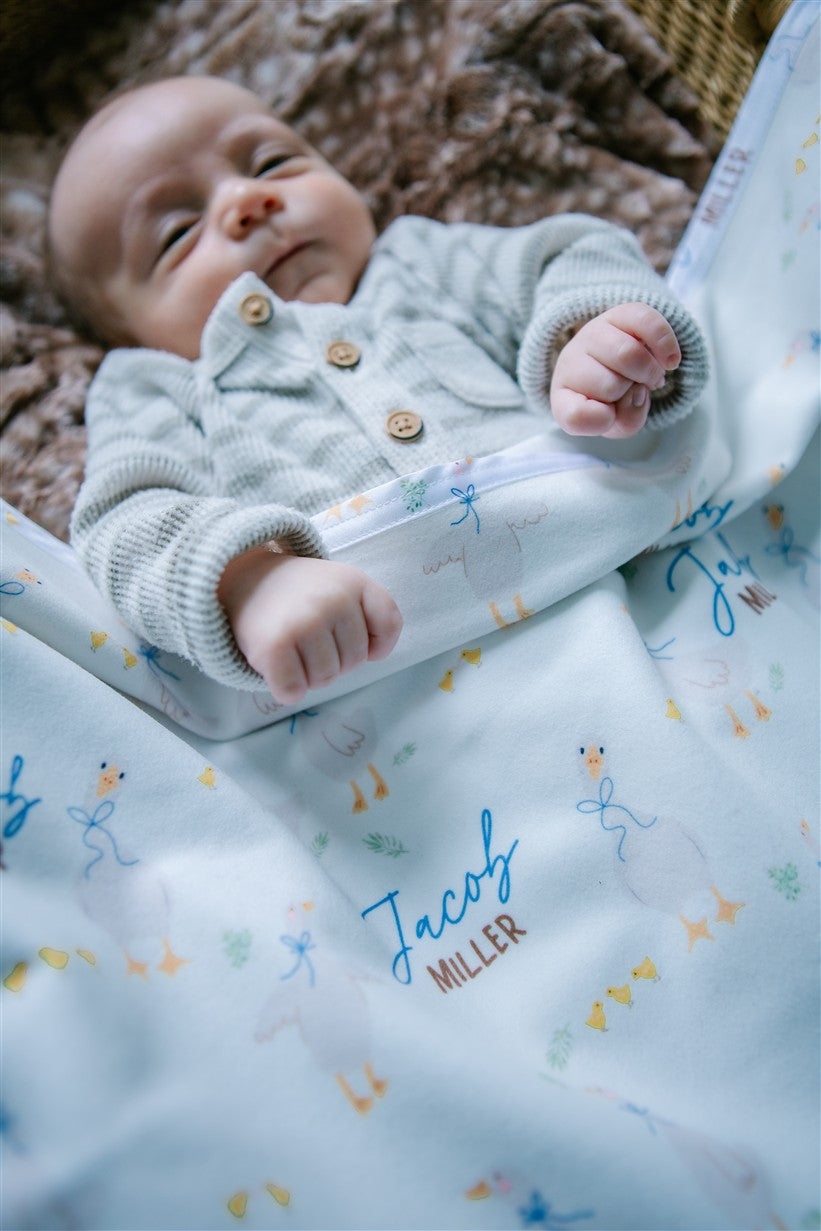 Personalized Baby Blanket – Luxury Silly Goose Boy Receiving Blanket With Satin Trim