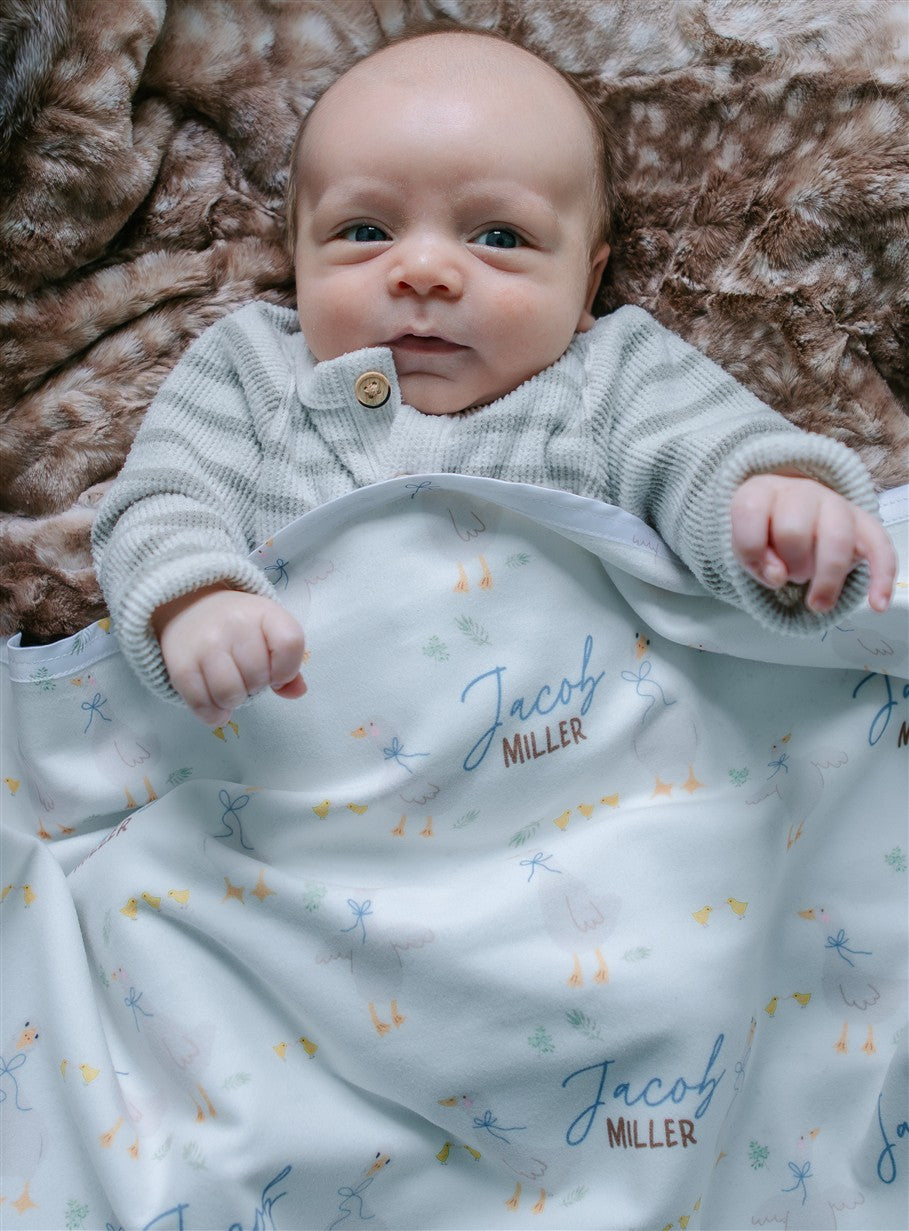 Personalized Baby Blanket – Luxury Silly Goose Boy Receiving Blanket With Satin Trim