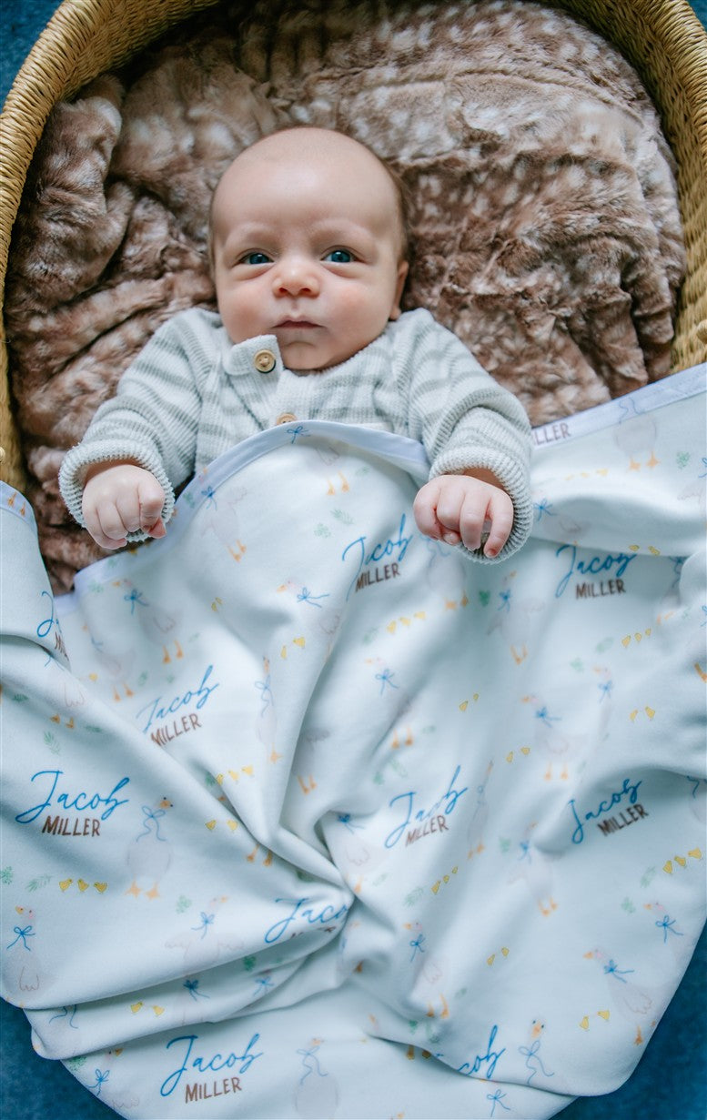 Personalized Baby Blanket – Luxury Silly Goose Boy Receiving Blanket With Satin Trim