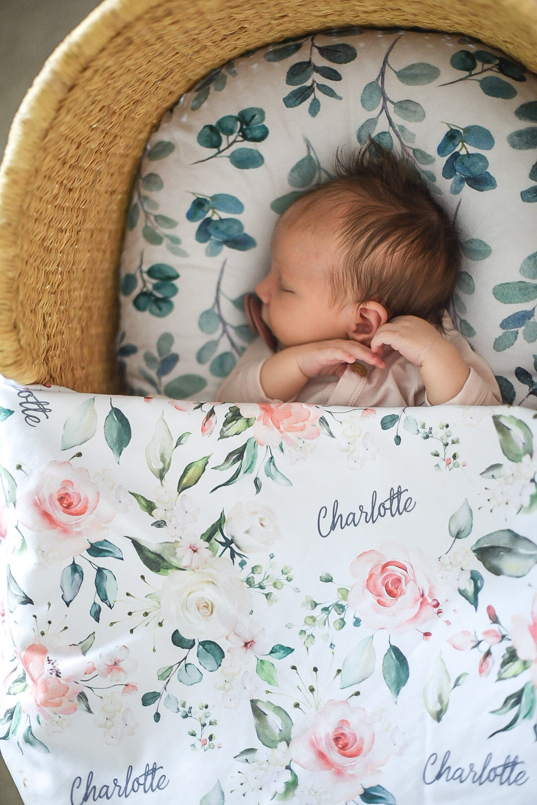 Personalized Baby Blanket – Vintage Pink Roses Floral Receiving Blanket with Satin Trim