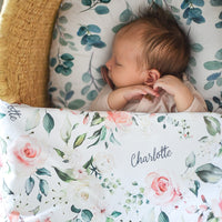 Personalized Baby Blanket – Vintage Pink Roses Floral Receiving Blanket with Satin Trim