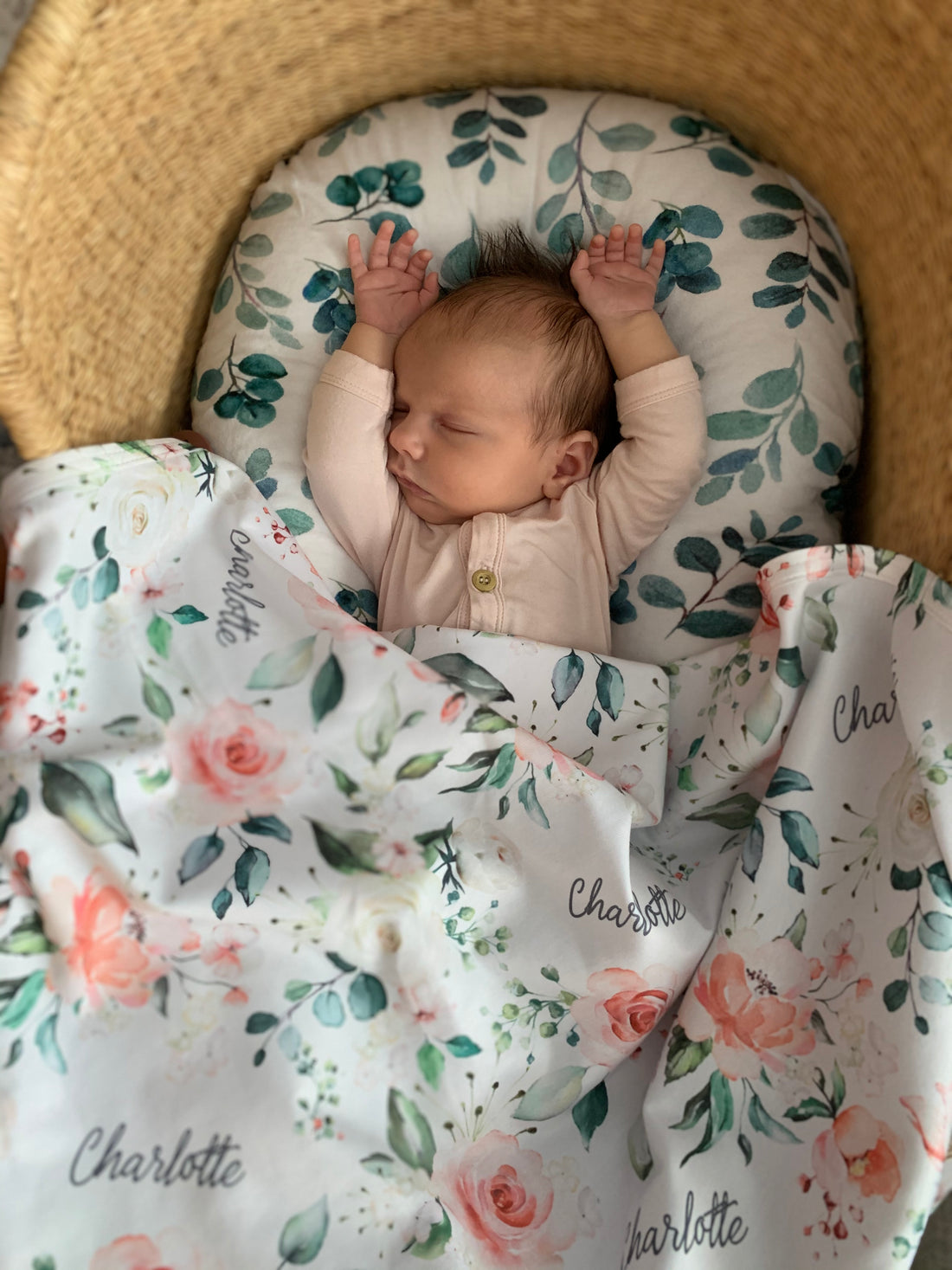 Personalized Baby Blanket – Vintage Pink Roses Floral Receiving Blanket with Satin Trim