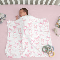 Pink Heirloom Bows Personalized Keepsake Baby Blanket, Satin Bound Baby Girl Blankie