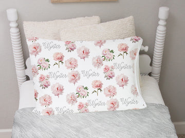 Pretty Peony Personalized Pillowcase - Soft Minky Pink Floral Pillow Cover