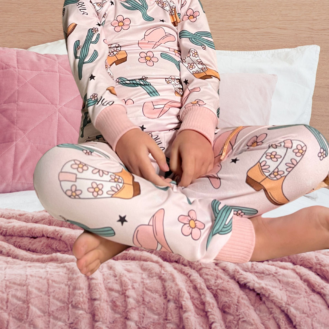 Cowgirl Print Personalized Pajamas for Girls, Soft Knit, Fun Western Theme PJ's