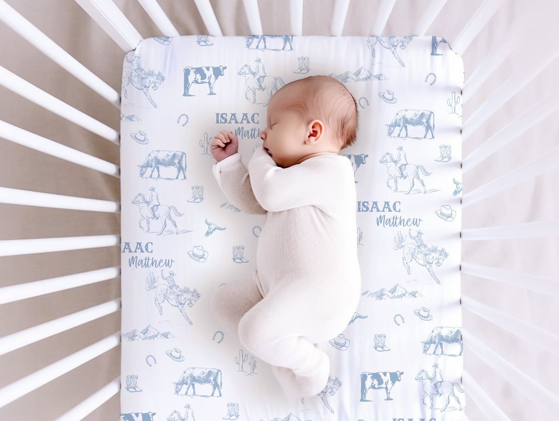 Western Toile Personalized Crib Sheet - Blue Cowboy Nursery