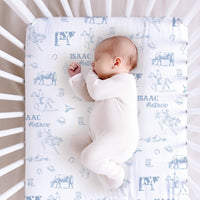 Western Toile Personalized Crib Sheet - Blue Cowboy Nursery